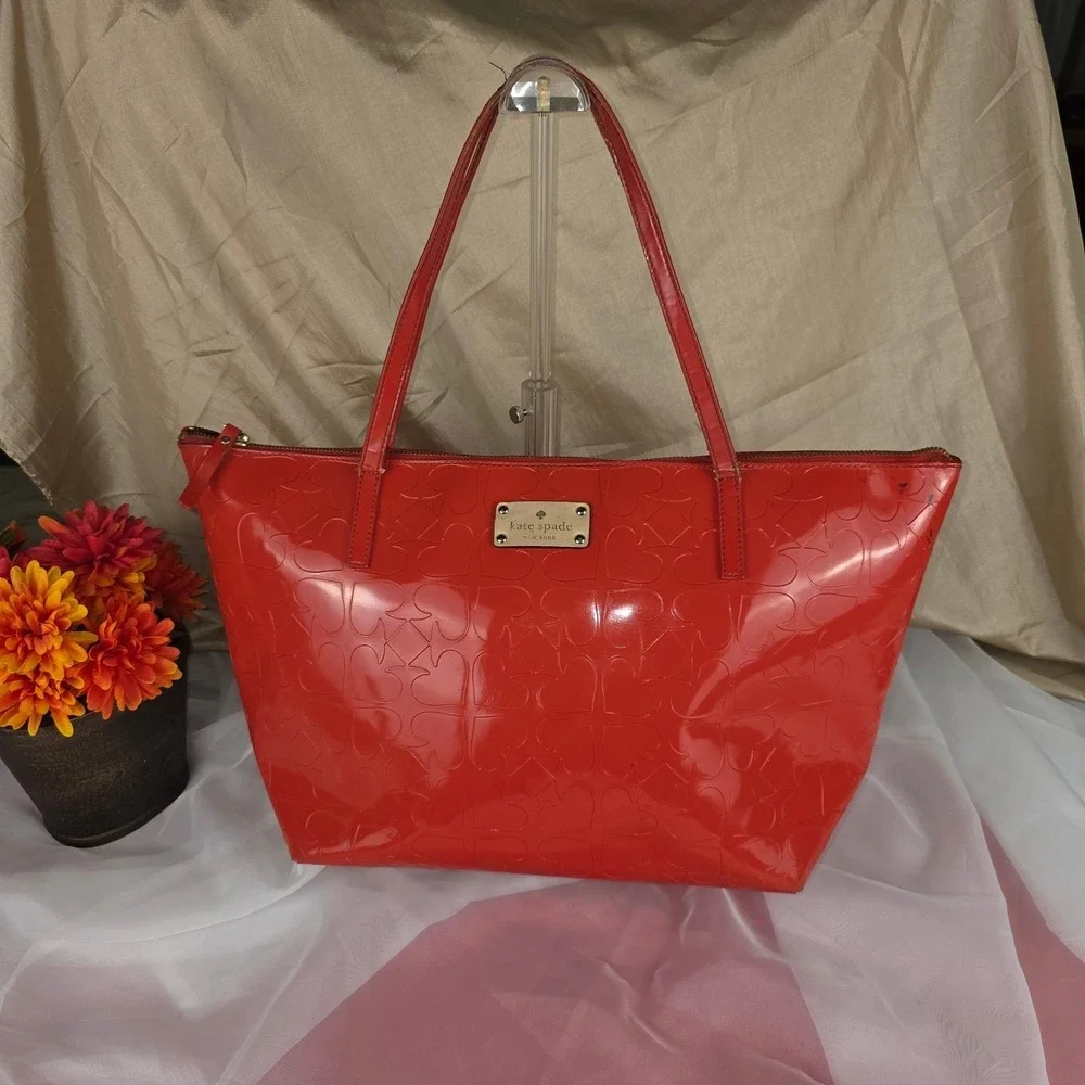 Kate Spade Sophie Red Patent Leather Embossed Heart Tote‎ Bag Project Piece